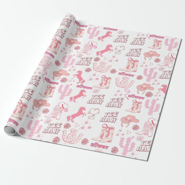 Papel De Regalo diseño boho divertido pink cowgirl western (Desenrollado)
