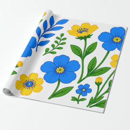 Papel De Regalo Diseño Botánico Floral Azul y Amarillo