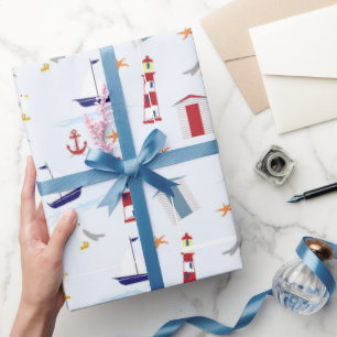 Papel De Regalo Diseño costero de faro y ancla náutico