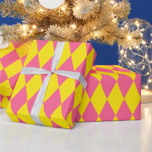 Papel De Regalo Diseño de cuadros arlequín rosa y amarillo