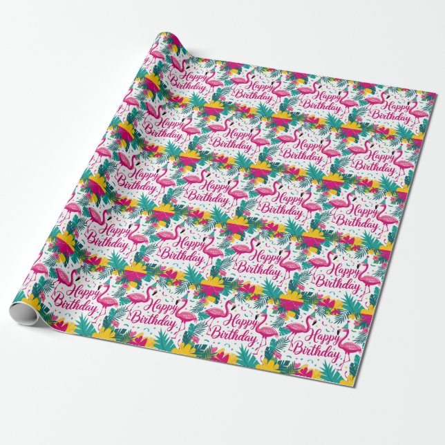 Papel De Regalo Diseño de cumpleaños de Fun Flamingo Tropical (Desenrollado)
