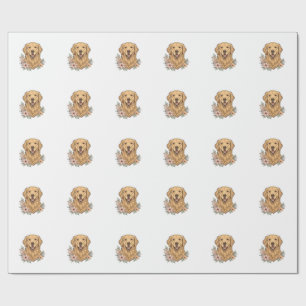 Papel De Regalo Diseño de grabado vintage floral de Golden Retriev