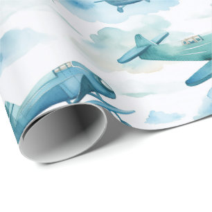Papel De Regalo Diseño de guardería de avión azul acuarela, cielo 
