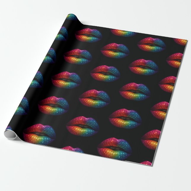 Papel De Regalo diseño de labios purpurina arco iris negro (Desenrollado)