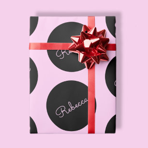 Papel De Regalo Diseño de lunares negro y rosa retro-moderno
