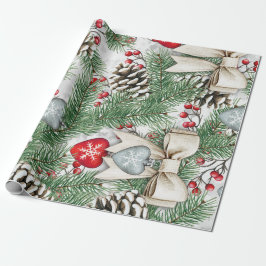 Papel De Regalo Diseño de Navidad con Bayas de Acebo y Piñas