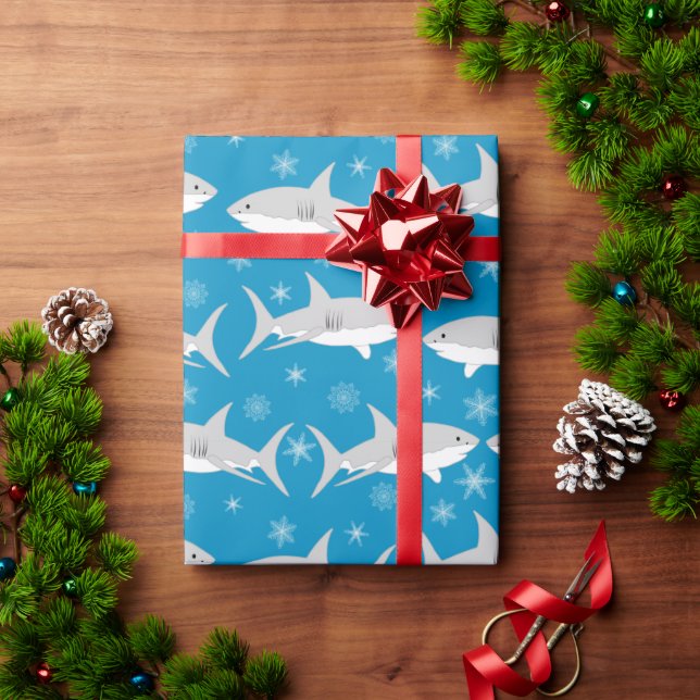 Papel De Regalo Diseño de Navidades de tiburones azules y copos de (Regalo de vacaciones)