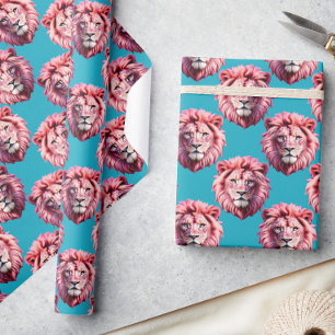 Papel De Regalo Diseño de patrón de animal cabeza de león rosa azu