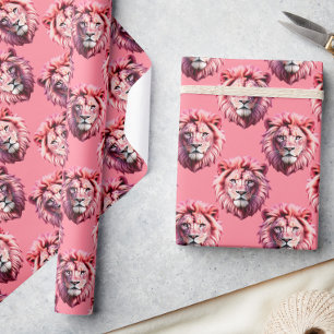 Papel De Regalo Diseño de patrón de animal con cabeza de león rosa