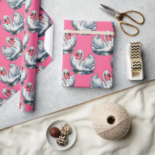 Papel De Regalo Diseño de patrón de aves cisnes sobre rosa