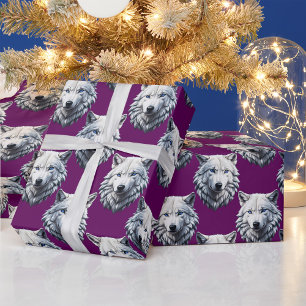 Papel De Regalo Diseño de patrón de cabeza de lobo blanco púrpura