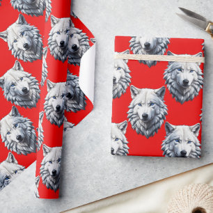 Papel De Regalo Diseño de patrón de cabeza de lobo blanco - rojo