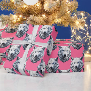 Papel De Regalo Diseño de patrón de cabeza de lobo blanco rosa