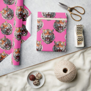 Papel De Regalo Diseño de patrón de cabeza de tigre rosa