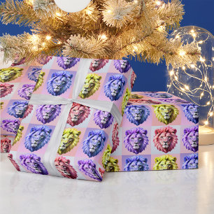 Papel De Regalo Diseño de patrón de cuadros con cabeza de león en 