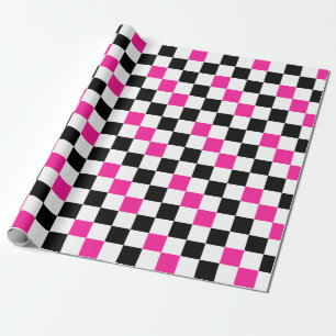 Papel De Regalo Diseño de patrón de cuadros rosa negro y blanco