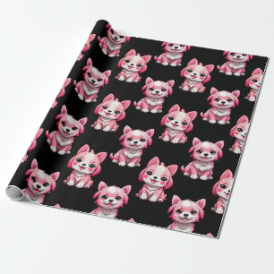 Papel De Regalo Diseño de patrón de perro de cachorro rosa - negro