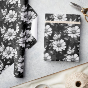 Papel De Regalo Diseño de patrones de flor de mariposa - Negro