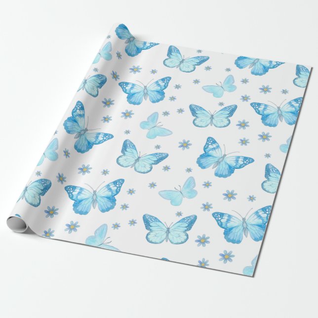 Papel De Regalo Diseño de patrones florales de mariposa azul para  (Desenrollado)