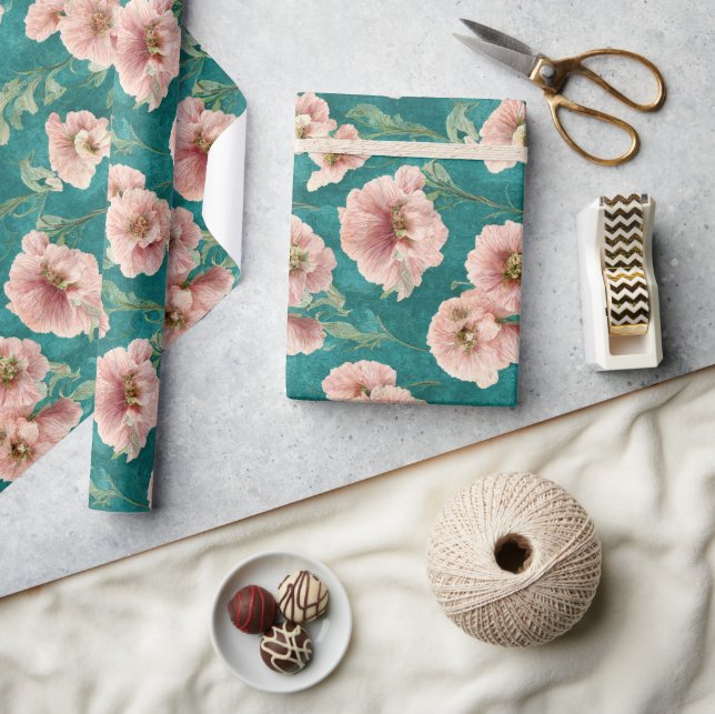 Papel De Regalo Diseño de patrones florales Verde azulados y rosad (Artesanía)