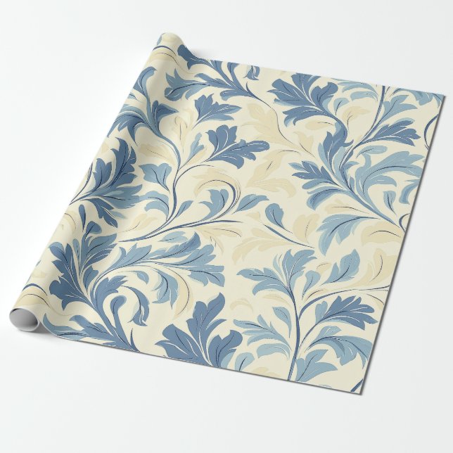 Papel De Regalo Diseño de patrones florecientes de azul y crema pa (Desenrollado)