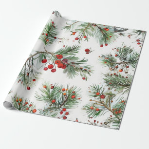 Papel De Regalo Diseño de Pino Rojo y Berries de vacaciones