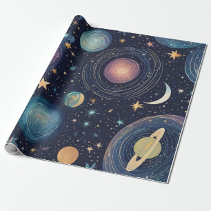 Papel De Regalo diseño de temática cósmica con galaxias giratorias