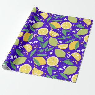 Papel De Regalo Diseño del diseño citrus limón botánico en azu
