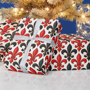 Papel De Regalo Diseño del patrón rojo negro barroco Fleur-de-lis