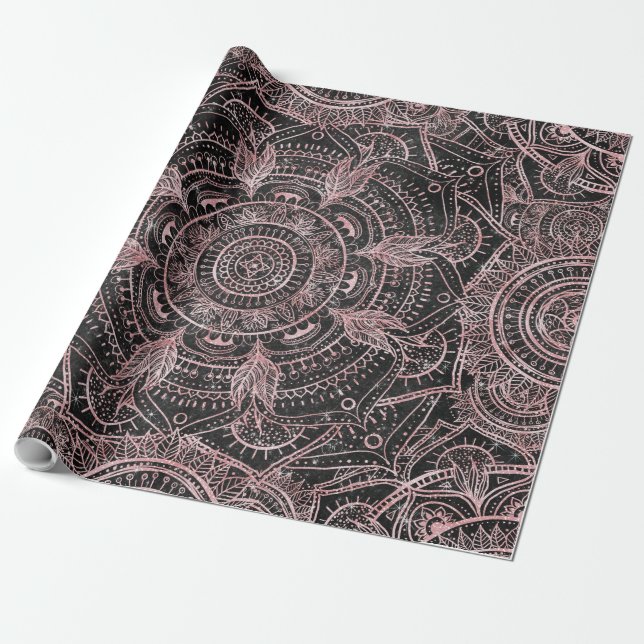 Papel De Regalo Diseño elegante Boho Rosa Gold Grey Mandala (Desenrollado)