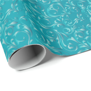 Papel De Regalo Diseño elegante del damasco de las azules