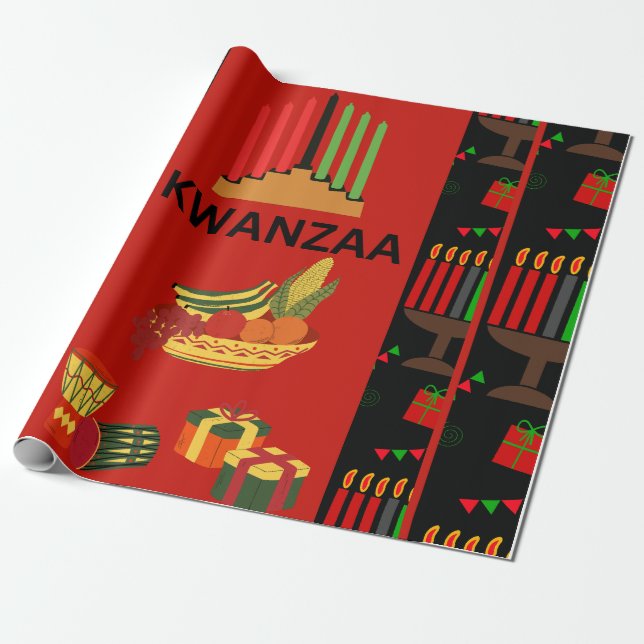 Papel De Regalo Diseño festivo de Kwanzaa con Kinara, Frutos y Gi (Desenrollado)
