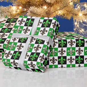 Papel De Regalo Diseño Fleur-de-lis de Green Black White Checkered