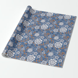 Papel De Regalo Diseño floral azul blanco y Naranja