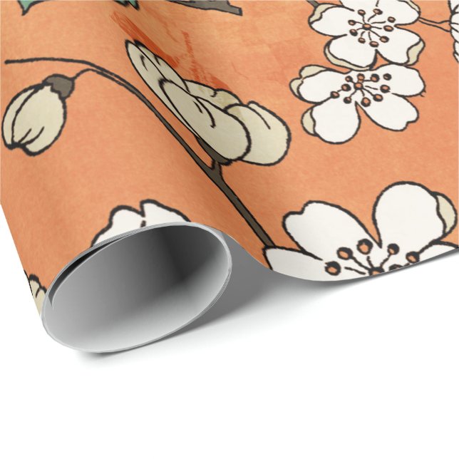 Papel De Regalo Diseño floral blanco en Naranja (Esquina del rollo)