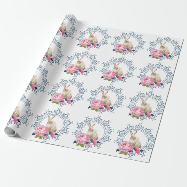 Papel De Regalo Diseño Floral de Conejo de Pascua (Desenrollado)