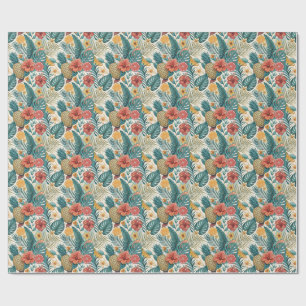 Papel De Regalo Diseño floral de verano de piña tropical y hibisco