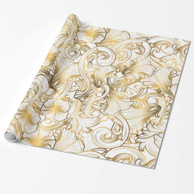 Papel De Regalo Diseño floral dorado (Desenrollado)