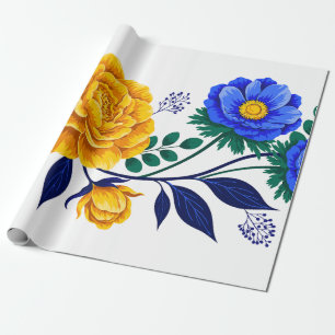 Papel De Regalo Diseño Floral Elegante con Flores Doradas y Azules