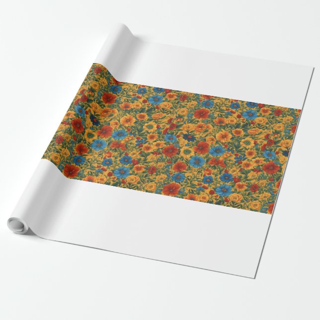 Papel De Regalo Diseño floral naranja, amarillo, azul y verde. (Desenrollado)
