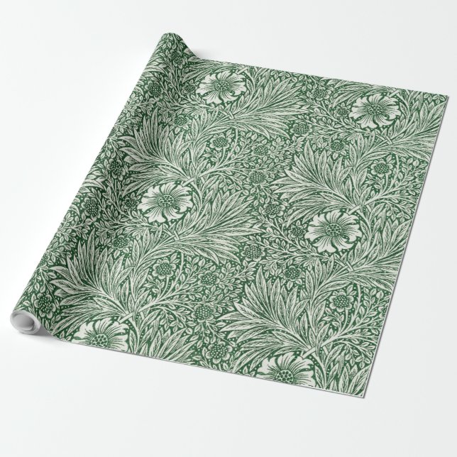 Papel De Regalo diseño floral verde caléndula de william morris (Desenrollado)