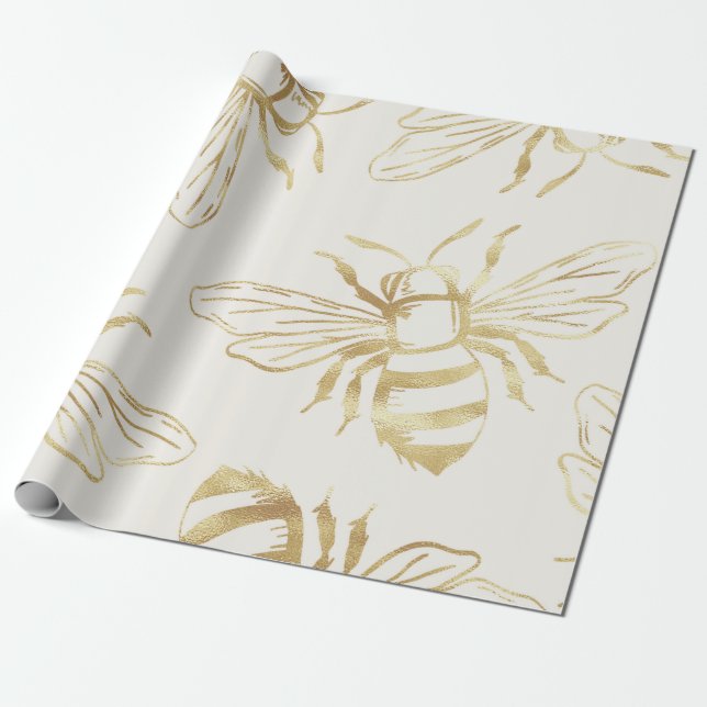 Papel De Regalo Diseño Gold Bee, en fondo crema. (Desenrollado)
