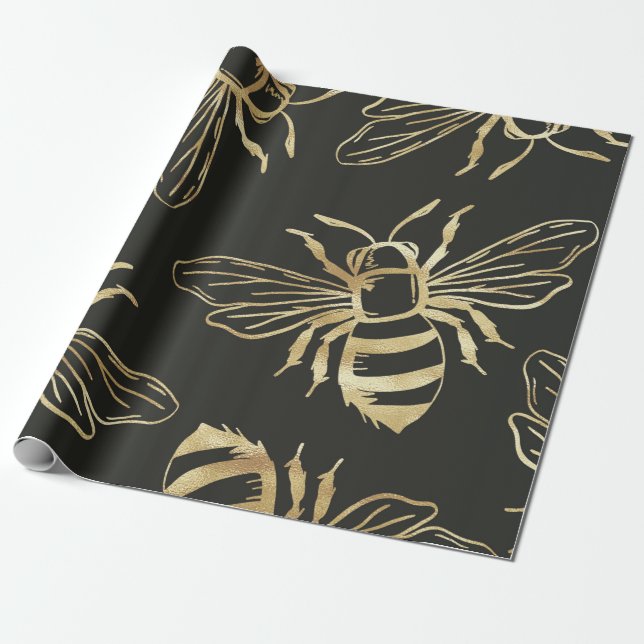 Papel De Regalo Diseño Gold Bee, en fondo negro. (Desenrollado)