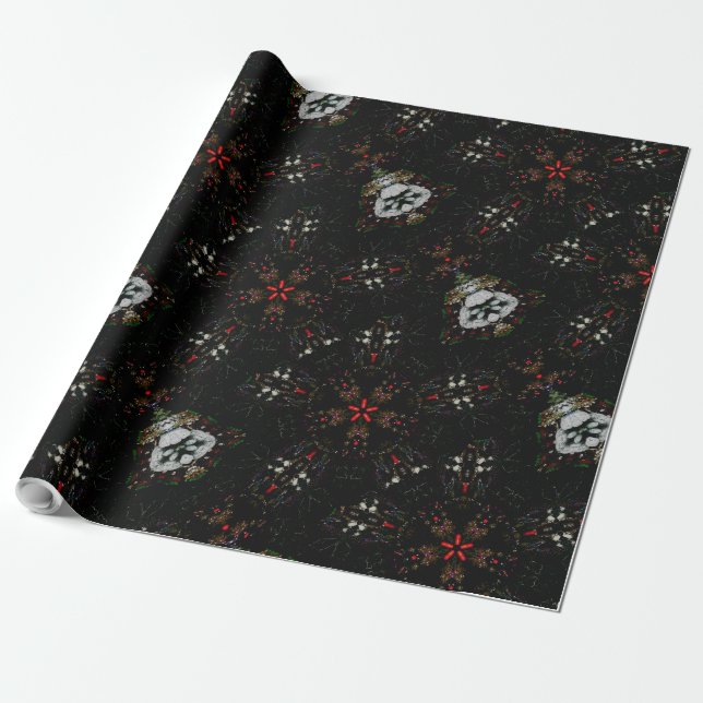 Papel De Regalo Diseño Kaleidoscope Patrón floral rojo negro (Desenrollado)