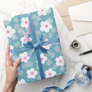 Papel De Regalo Diseño moderno de flores blancas azul pastel