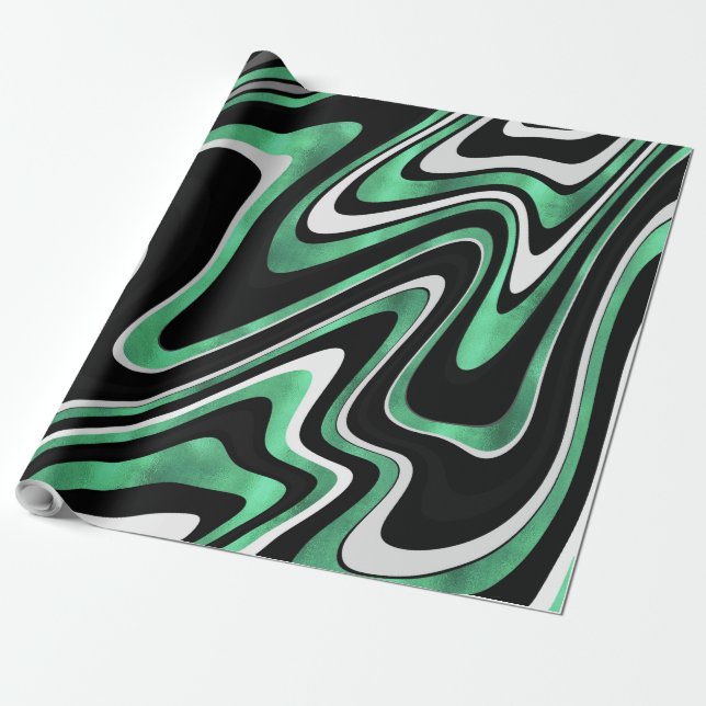 Papel De Regalo Diseño moderno de líneas onduladas verdes retro (Desenrollado)