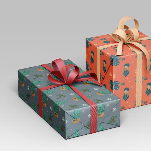 Papel De Regalo Diseño navideño con árbol, copos nieve y acebo. (Subido por el creador)