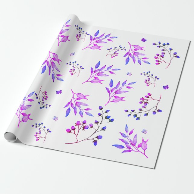 Papel De Regalo Diseño original de flores y ramas púrpuras (Desenrollado)