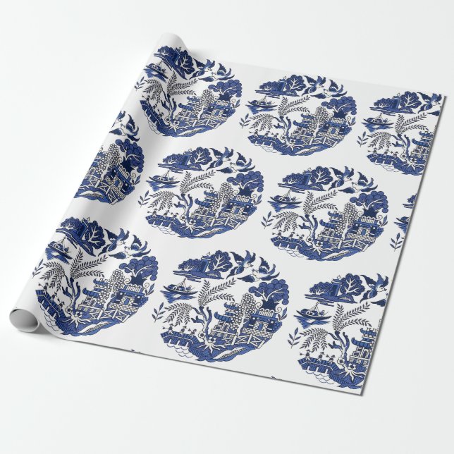 Papel De Regalo Diseño panorámico azul clásico (Desenrollado)