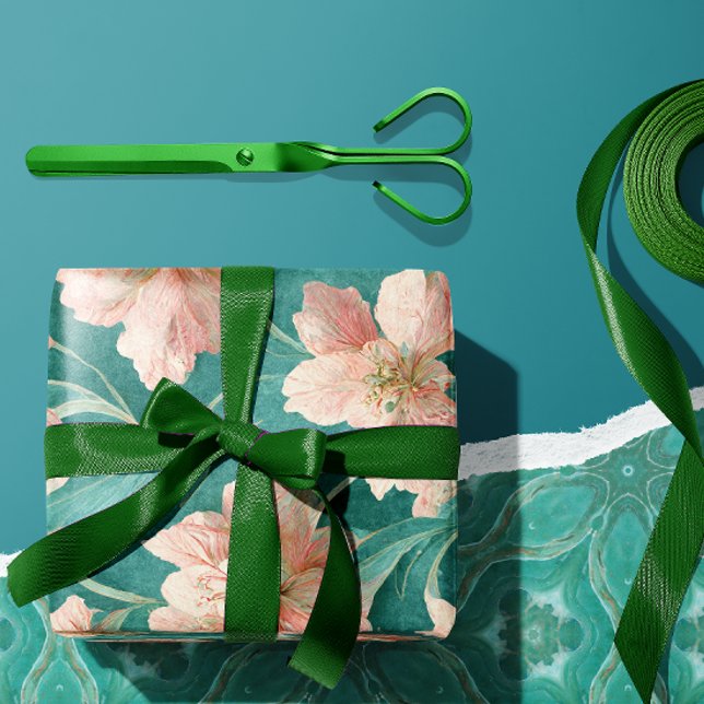 Papel De Regalo Diseño romántico Verde azulado y floral rosa (Subido por el creador)